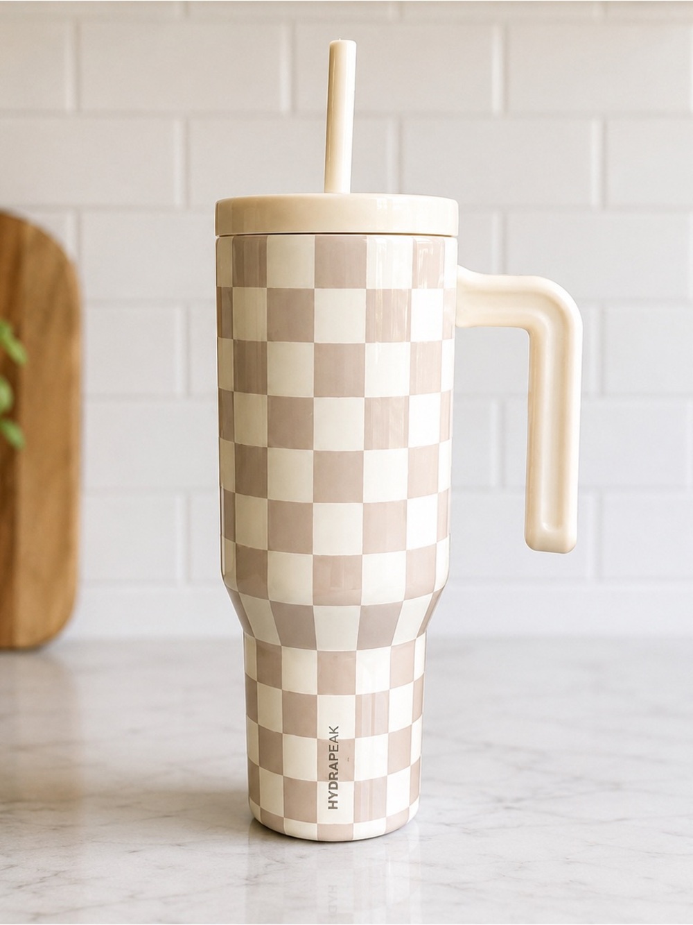 HydraPeak Cream Checkered Travel Mug with Handle and Straw NWOT 40pz Hot Cold